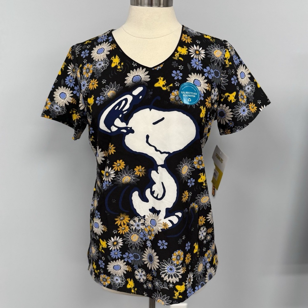 NWT Peanuts Snoopy Scrub Top 2X Black Woodstock Scrubs Cherokee Tooniforms